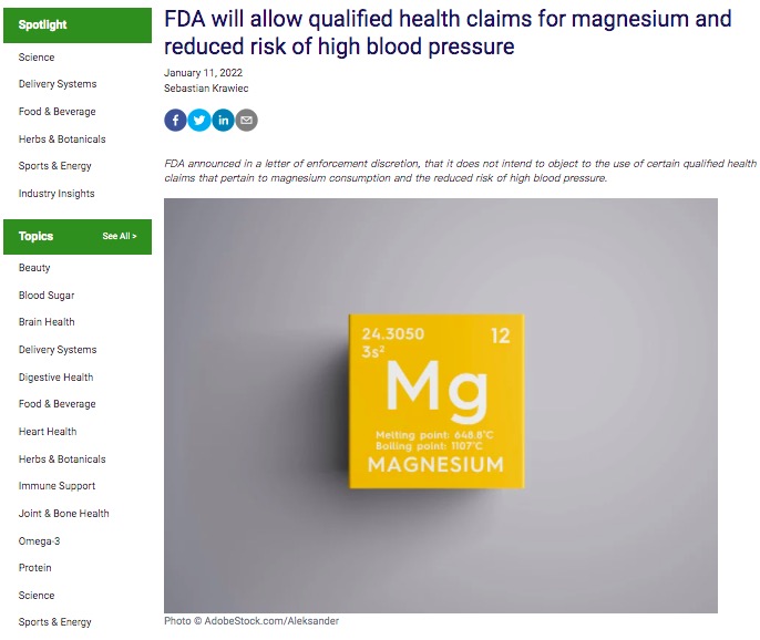 美国食品药品监督管理局 (FDA) 将允许镁元素的健康声称